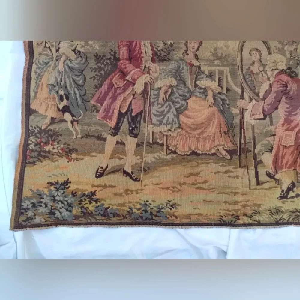 Antique Woven Tapestry Wall Hanging Romantic Baroque Painting Scene Belgium Wool